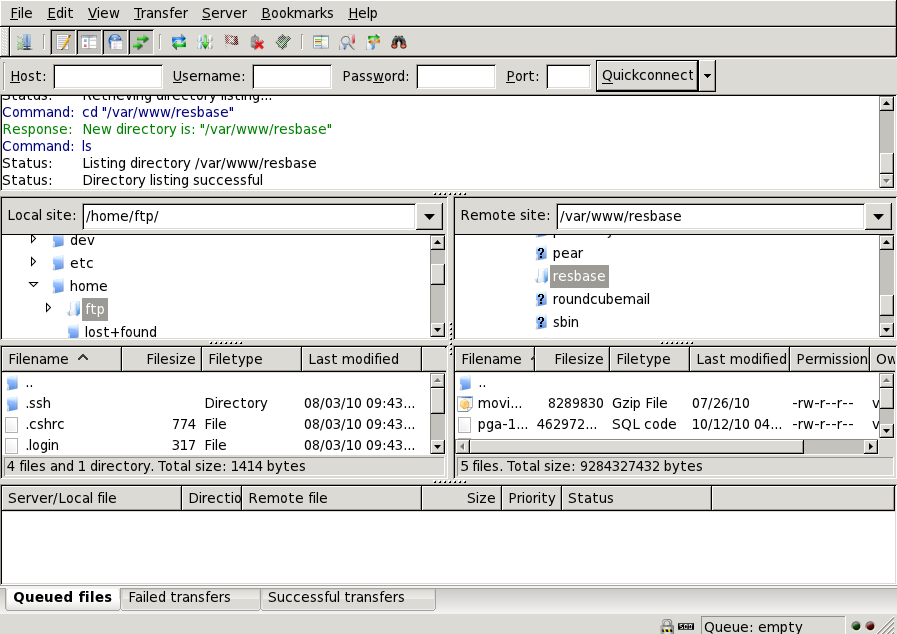 Paneles de Filezilla
