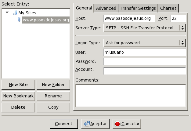 Configuración de una conexión con filezilla