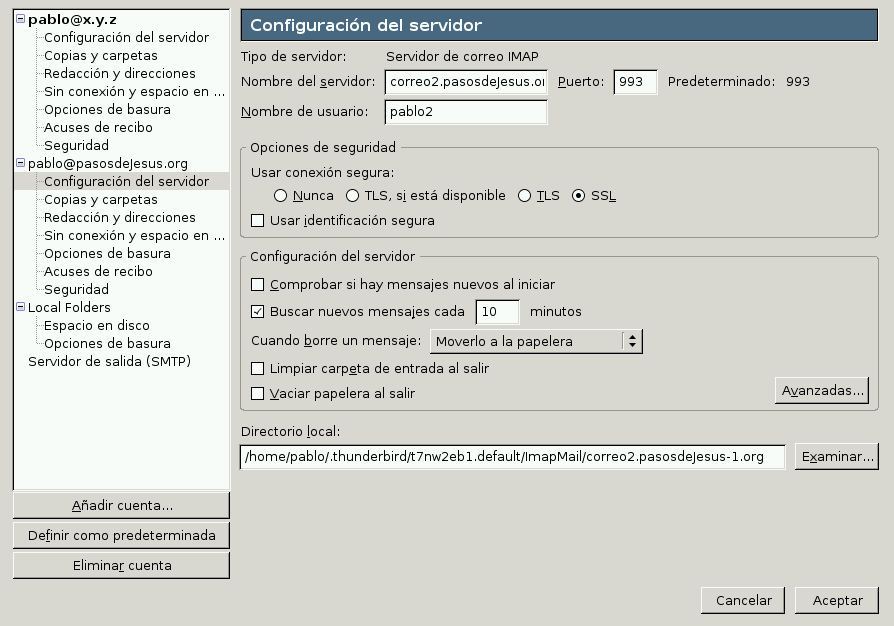 Configuración de IMAP-SSL en Thunderbird