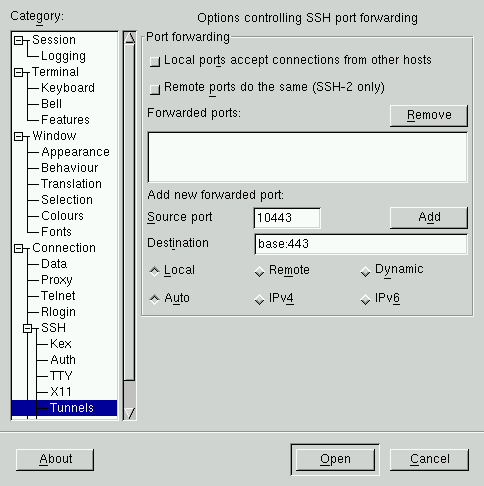 Configuración de túnel en putty