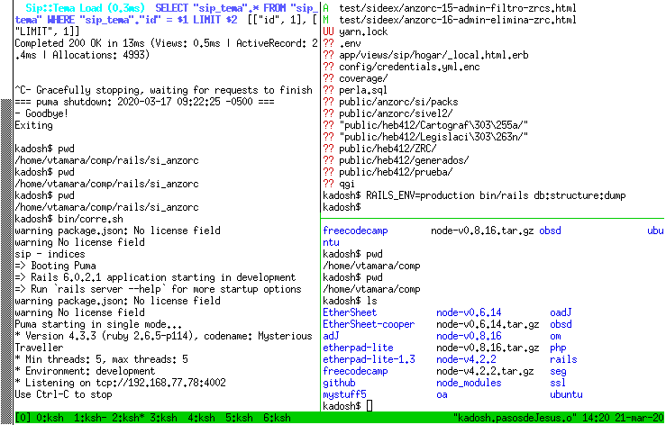 Ventana de tmux dividida en 3 paneles